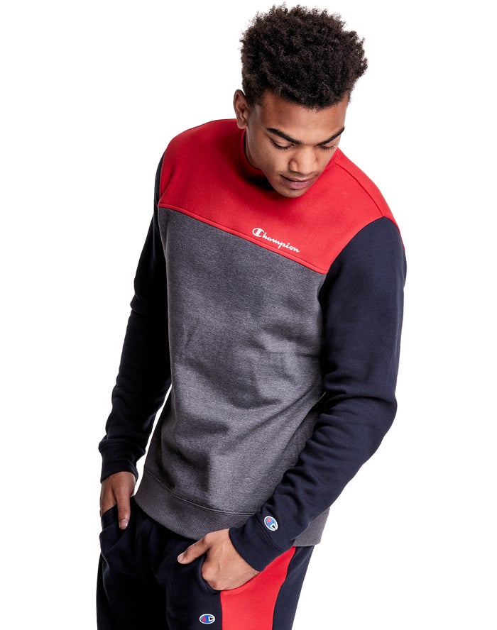 Champion Colorblock Fleece Crew - Miesten Harmaat/Punainen Collegepaita - Suomi 3561827-KT